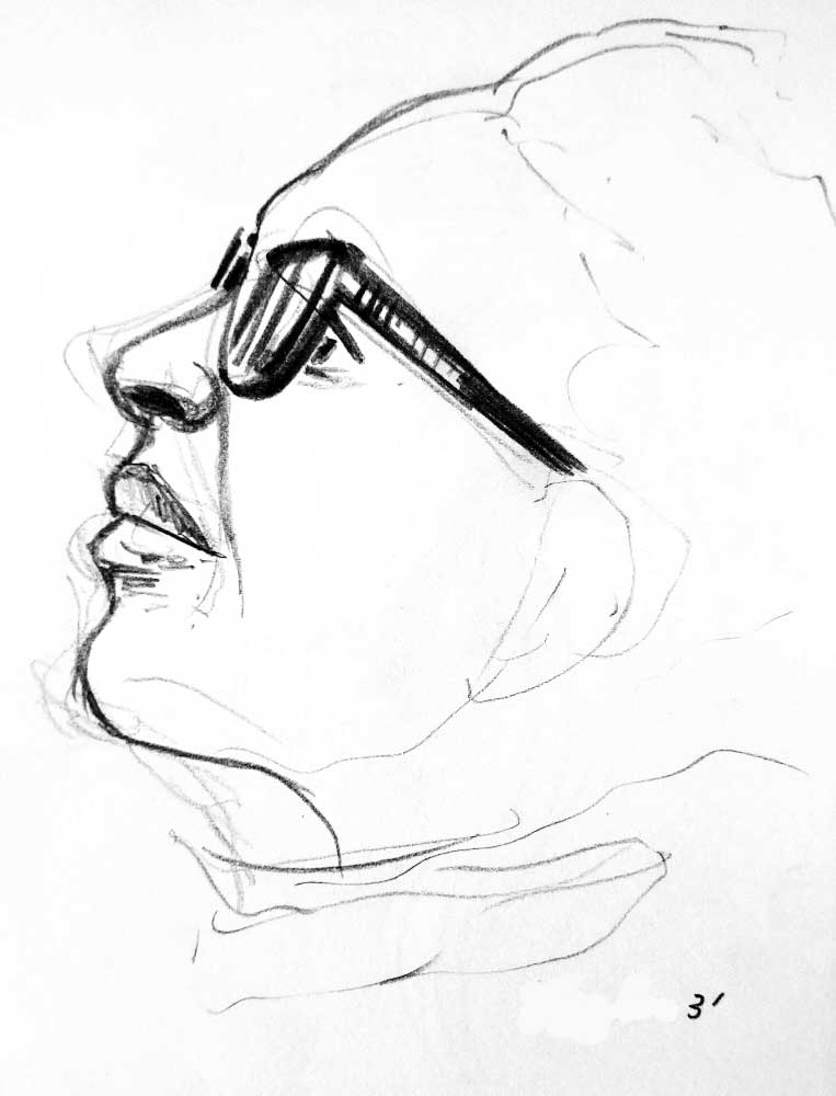 Portrait de femme en 3 minutes aux crayons de papier, par Jérémy Zucchi (25 mars 2023). Avec la main "malhabile", puis la main "habile".