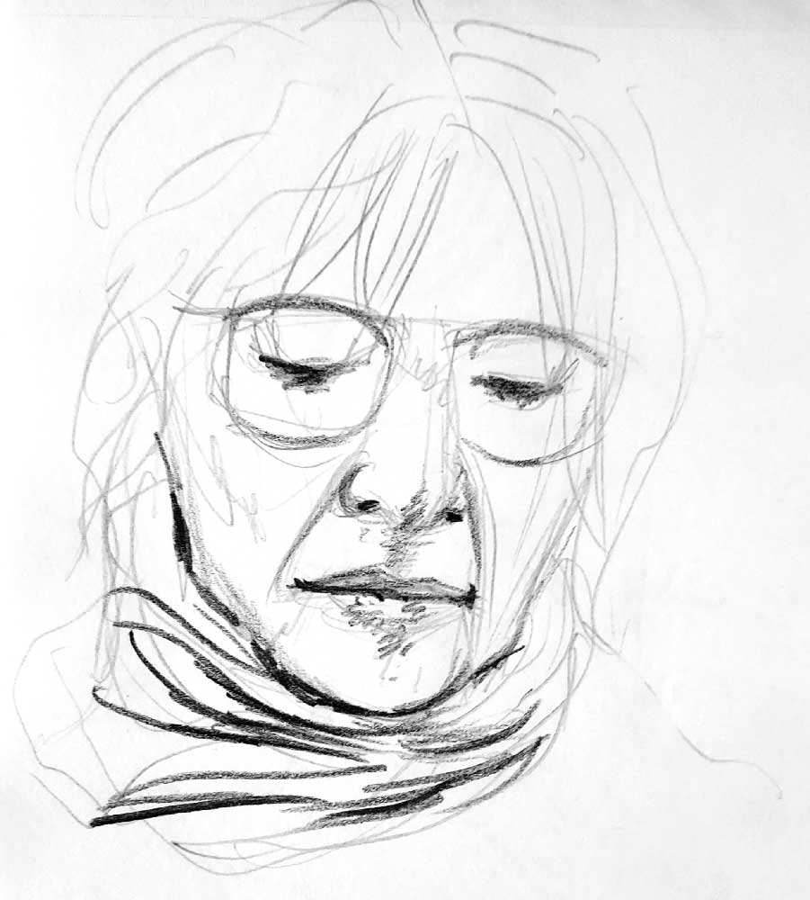 Portrait de femme en 3 minutes aux crayons de papier, par Jérémy Zucchi (25 mars 2023). Avec la main "malhabile", puis la main "habile".