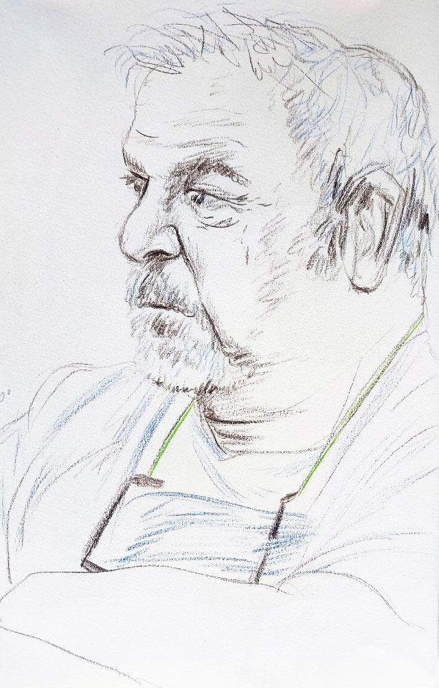 Portrait d'homme réalisé aux crayons de couleurs (Procolour, par Derwent) en 10 minutes par Jérémy Zucchi (1er avril 2023).