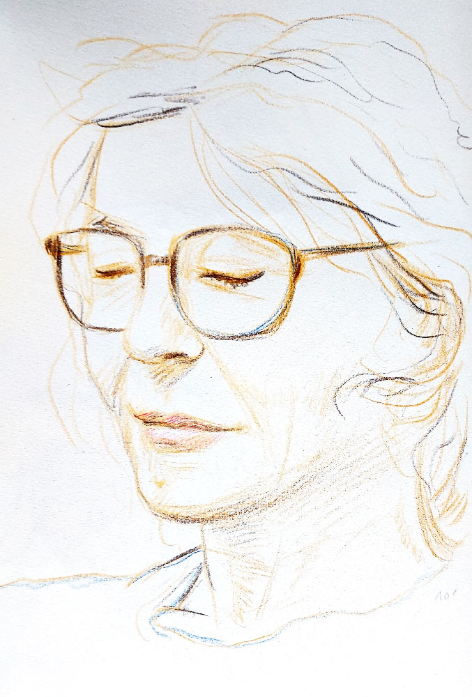 Portrait de femme réalisé aux crayons de couleurs (Procolour, par Derwent) en 10 minutes par Jérémy Zucchi (1er avril 2023).