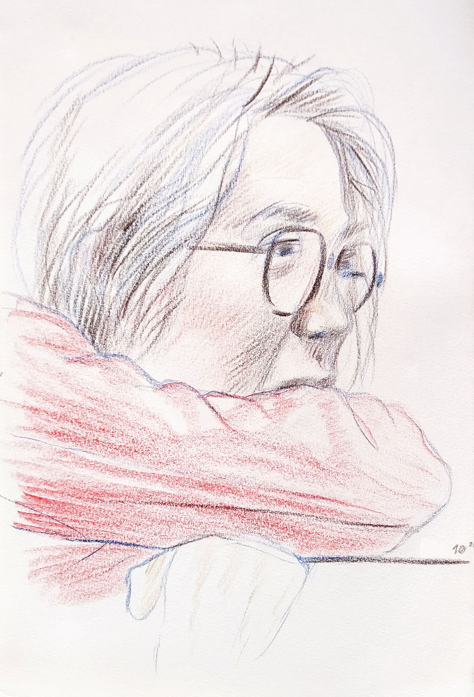 Portrait de femme réalisé aux crayons de couleurs (Procolour, par Derwent) en 10 minutes par Jérémy Zucchi (25 mars 2023).