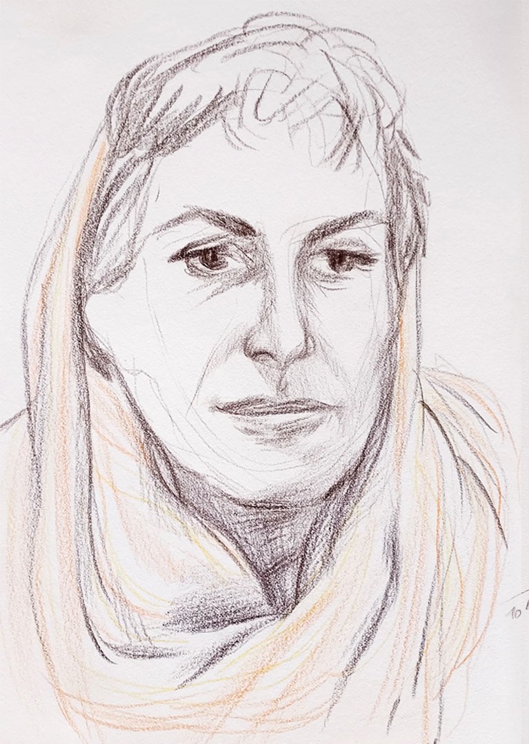 Portrait de femme réalisé aux crayons de couleurs (Procolour, par Derwent) en 10 minutes par Jérémy Zucchi (25 mars 2023).