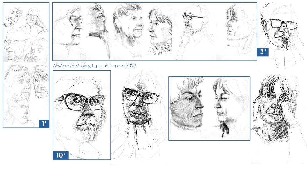 Panorama des portraits réalisés par Jérémy Zucchi en 1, 3 ou 10 minutes le 4 mars 2023, au crayon de papier.