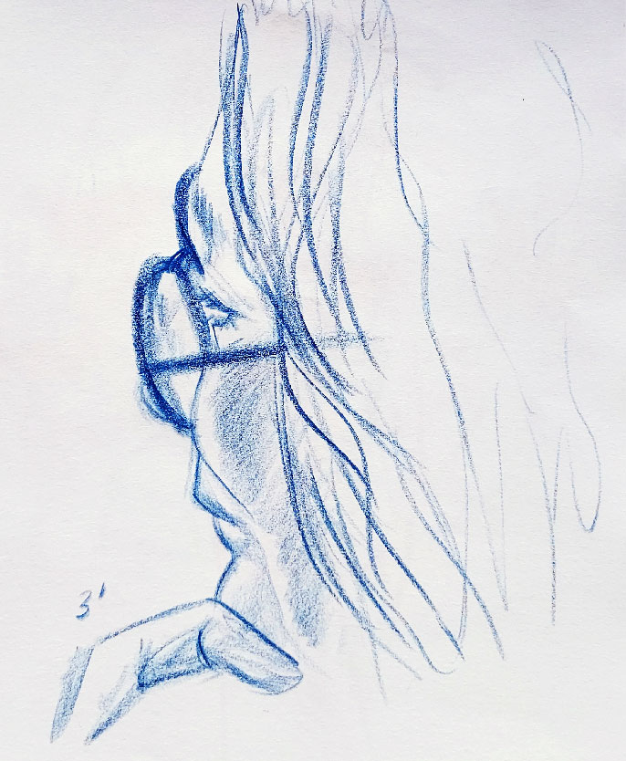Portrait de femme en 3 minutes aux crayons de couleurs de type "Procolour", par Jérémy Zucchi (16 juin 2023).