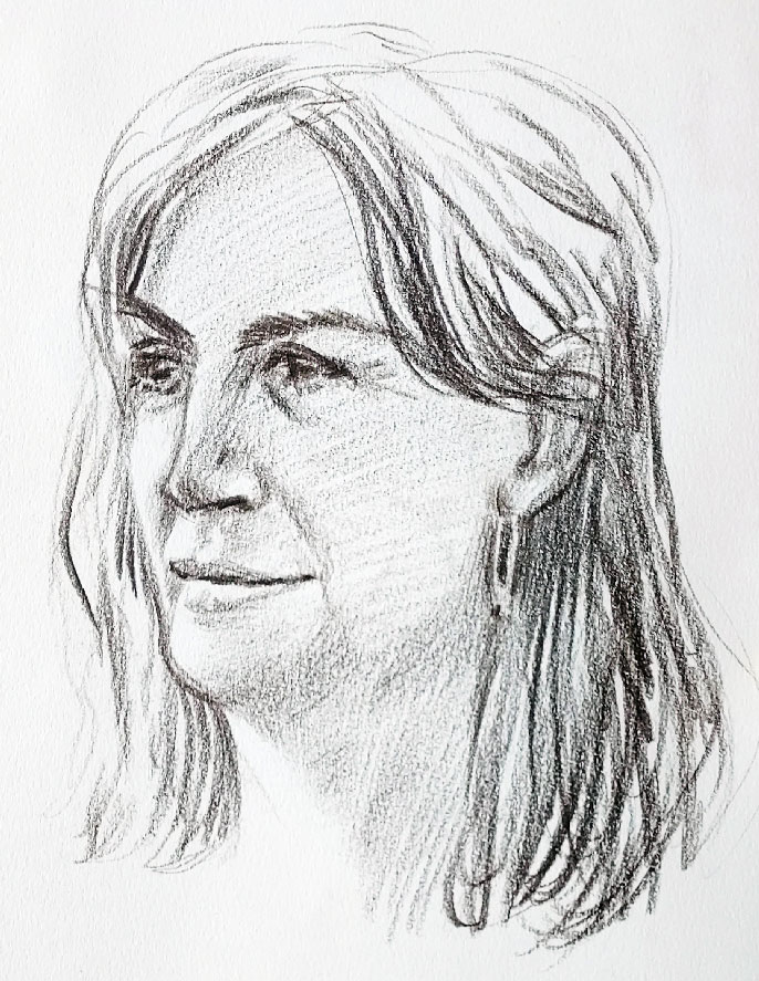 Portrait de femme réalisé aux crayons de couleurs (Procolour, par Derwent) en 10 minutes par Jérémy Zucchi (16 juin 2023).