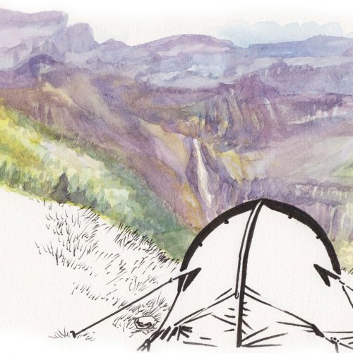 Camping au cirque de Gavarnie (aquarelle et feutre par Jérémy Zucchi).