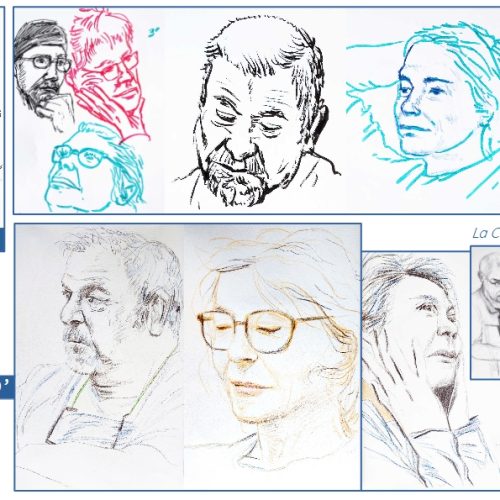 Panorama des portraits réalisés en 1, 3 ou 10 minutes le 1er avril 2023, au crayon de papier, crayons de couleurs et feutres.